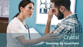  Presentation with female hospital patient - PPT theme featuring image of female doctor in medical uniform and confused patient man looking at x-ray scan computed tomography results in hospital background and a ocean colored foreground