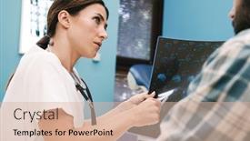  Presentation with female hospital patient - Slide set consisting of image of female doctor in medical uniform and young patient man looking at x-ray scan computed tomography results in hospital background and a lemonade colored foreground