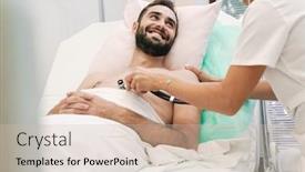  Presentation with hospital bed - Cool new slide deck with image of female doctor in medical uniform examining young patient man in hospital bed backdrop and a soft green colored foreground