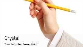  Presentation with hand holding pencil - PPT layouts having image of female hand holding pencil on a white background background and a white colored foreground