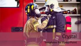  Presentation with fire women - Presentation design featuring image of firefighters women background and a violet colored foreground