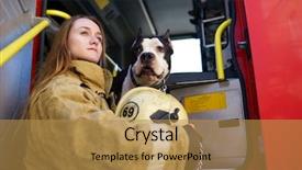  Presentation with fire truck - PPT theme with image of firewoman with dog background and a gold colored foreground