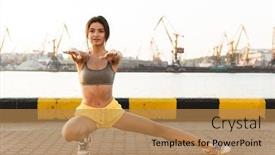  Presentation with sea port - PPT theme consisting of image of fitness asian woman in sportive clothes stretching her body while doing workout against sea port background and a coral colored foreground