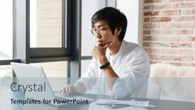  Presentation with asian - Audience pleasing slide set consisting of image-of-focused-asian-man backdrop and a light blue colored foreground