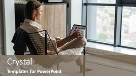  Presentation with living room - Colorful presentation theme enhanced with image-of-focused-nice-woman backdrop and a tawny brown colored foreground