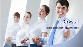  Presentation with partnership - Cool new presentation design with image of four businesspeople standing in row partnership concept backdrop and a sky blue colored foreground