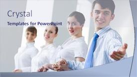  Presentation with partnership - Slide set consisting of image of four businesspeople standing in row partnership concept background and a sky blue colored foreground