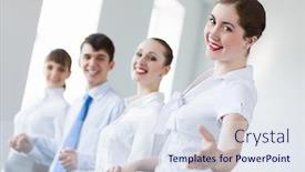  Presentation with partnership - Cool new presentation design with image of four businesspeople standing in row partnership concept backdrop and a sky blue colored foreground