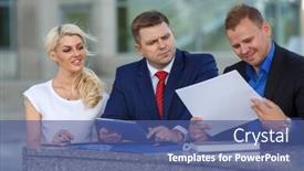  Presentation with design team - Beautiful PPT theme featuring image of friendly business team two man and woman discuss design project backdrop and a ocean colored foreground