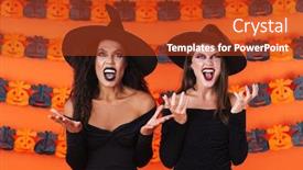  Presentation with black women - Cool new slide deck with image of furious witch women in black halloween costume and makeup screaming and looking upward isolated over orange pumpkin wall backdrop and a crimson colored foreground