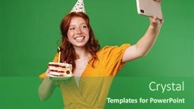 Presentation with happy birthday cake - Beautiful slide set featuring image-of-ginger-happy-girl backdrop and a ocean colored foreground
