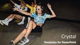  Presentation with girls night - Slide deck consisting of image of glamour multinational girls in streetwear smiling and riding on skateboards at night party outdoors background and a tawny brown colored foreground