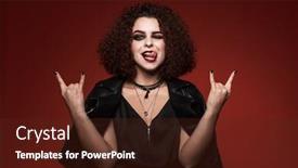  Presentation with glamour - Presentation design consisting of image of glamour witch girl in black dress with halloween makeup gesturing horn fingers isolated over red wall background and a tawny brown colored foreground
