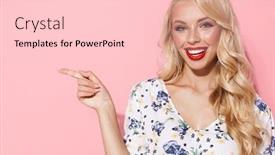  Presentation with glamour - PPT theme featuring image of glamour woman with long blond hair smiling and pointing finger aside at copyspace isolated over pink background background and a lemonade colored foreground