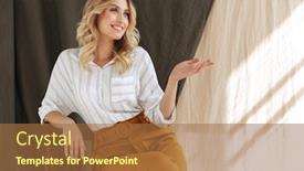  Presentation with elegant - PPT layouts having image of gorgeous elegant blonde woman smiling and sitting on chair isolated over fabric background background and a coral colored foreground