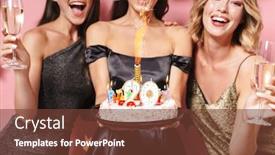  Presentation with pink birthday - Presentation design featuring image of gorgeous party girls in fancy dresses holding birthday cake and champagne glasses isolated over pink background background and a tawny brown colored foreground