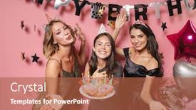  Presentation with party candles - PPT theme enhanced with image of gorgeous party girls in festive dresses holding birthday cake with candles isolated over pink background background and a red colored foreground