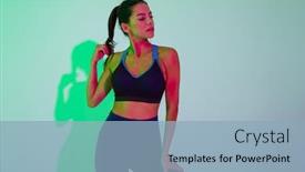  Presentation with led lights - Cool new presentation theme with image of gorgeous pretty young sports woman posing isolated with led flash lights backdrop and a light blue colored foreground
