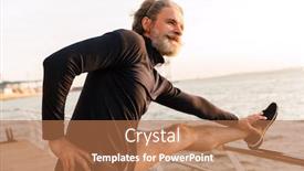  Presentation with railing - Audience pleasing PPT layouts consisting of image of gray-haired elderly man in tracksuit stretching his legs on railing while working out near seaside in morning backdrop and a coral colored foreground