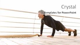  Presentation with battle - Slide deck having image of gray-haired old man in tracksuit doing exercise with battle ropes while working out near seaside in morning background and a white colored foreground