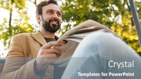  Presentation with man sitting bench - PPT theme featuring image-of-handsome-adult-man background and a gray colored foreground