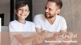  Presentation with mobile games - Colorful theme enhanced with image of handsome bearded man indoors at home with his son child play games by mobile phone boy pointing to father's phone looking camera backdrop and a coral colored foreground