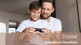 Presentation with mobile games - Amazing theme having image of handsome bearded man indoors at home with his son child play games by mobile phone backdrop and a coral colored foreground