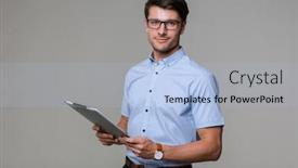  Presentation with wall - Cool new presentation theme with image of handsome business man posing isolated over grey wall background holding clipboard backdrop and a light blue colored foreground