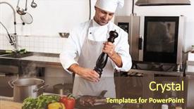  Presentation with restaurant kitchen - Beautiful presentation theme featuring chiefs - image of handsome man chief backdrop and a  colored foreground