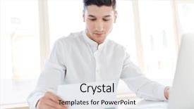  Presentation with coworking - Audience pleasing theme consisting of image of handsome man dressed in white shirt using laptop computer while holding documents coworking looking at documents backdrop and a light gray colored foreground