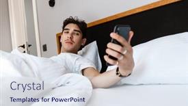  Presentation with mobile home - Cool new PPT layouts with image-of-handsome-man-lies backdrop and a sky blue colored foreground