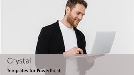 Presentation with laptop - Slide deck enhanced with image-of-handsome-pleased-man background and a light gray colored foreground