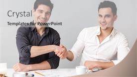  Presentation with give - Cool new slide deck with image of handsome two cheerful young business men colleagues sitting isolated give handshake to each other over grey wall backdrop and a light gray colored foreground