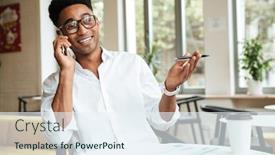  Presentation with coworking - Presentation theme enhanced with image of handsome young african man sitting coworking with documents talking by phone looking aside background and a sky blue colored foreground