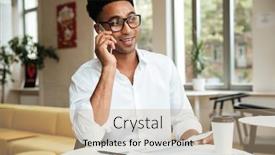  Presentation with coworking - Amazing PPT theme having image of handsome young african man sitting coworking with documents talking by phone looking aside backdrop and a coral colored foreground