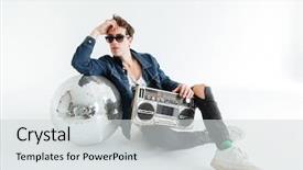  Presentation with disco ball - Presentation with image of handsome young man wearing sunglasses sitting isolated over white background with disco ball and boombox looking aside background and a light gray colored foreground
