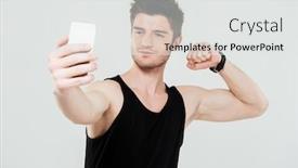  Presentation with phone - Presentation theme consisting of image of handsome young sportsman with phone make selfie showing biceps isolated over white background background and a white colored foreground