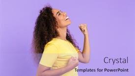  Presentation with african violet - Beautiful slide set featuring image of happy african american woman with curly hair smiling and gesturing like winner isolated over violet background backdrop and a light blue colored foreground