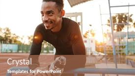  Presentation with railing - Beautiful PPT layouts featuring image of happy african american man in sportswear holding water bottle while standing by railing at stadium outdoors backdrop and a red colored foreground