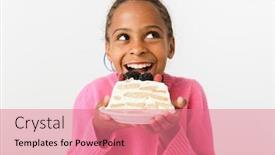  Presentation with african american girl power business - Presentation theme consisting of image of happy african american girl eating piece of torte while looking upward isolated over white background background and a coral colored foreground