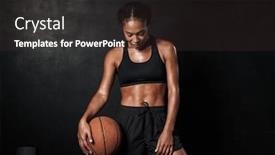  Presentation with happy image - Slide deck enhanced with image of happy african american woman in sportswear holding basketball isolated over black background background and a dark gray colored foreground
