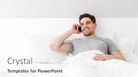  Presentation with linen - Amazing theme having image of happy awake man in t-shirt smiling while lying alone in bed with white linen and having pleasant mobile call backdrop and a white colored foreground