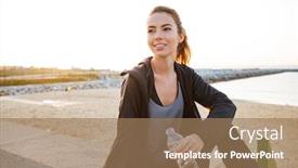  Presentation with water sports - Colorful presentation design enhanced with image of happy beautiful young sports woman drinking water outdoors on the street backdrop and a coral colored foreground