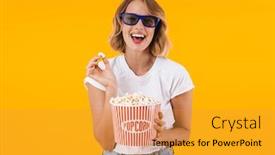  Presentation with popcorn movie - Beautiful presentation design featuring image of happy blond woman in 3d glasses holding popcorn bucket while watching movie isolated over yellow background backdrop and a gold colored foreground