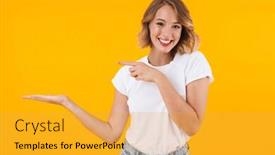  Presentation with happy image - Amazing slide deck having image of happy blond woman in basic t-shirt smiling and pointing finger at copyspace palm isolated over yellow background backdrop and a gold colored foreground