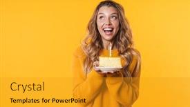  Presentation with happy birthday cake - Amazing slide deck having image-of-happy-blonde-woman backdrop and a gold colored foreground