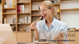  Presentation with chopsticks - Amazing presentation theme having image-of-happy-blonde-woman backdrop and a coral colored foreground