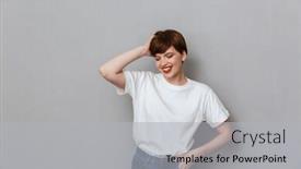  Presentation with happy image - Audience pleasing presentation design consisting of image of happy brunette woman wearing casual t-shirt smiling at camera isolated over gray background backdrop and a light gray colored foreground
