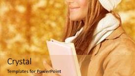  Presentation with education cute - Beautiful PPT theme featuring image of happy cheerful student girl with textbooks closeup portrait of smart female wearing warm hat and stylish glasses cute teen female stand on autumn background education concept backdrop and a gold colored foreground