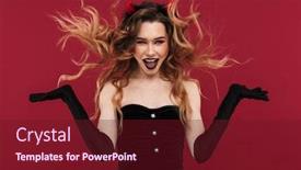  Presentation with demon - Colorful presentation design enhanced with image of happy cheerful woman demon in carnival costume isolated over red wall background shaking hair backdrop and a tawny brown colored foreground